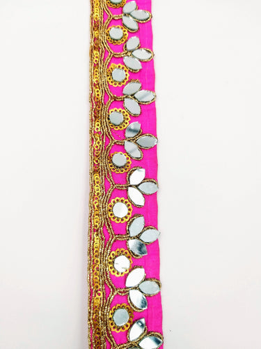 Fuchsia Pink Silk Trim With Mirrors Embellishments and Gold Embroidery, Approx. 34mm Wide, Decorative Trim Costume Trim Fashion Trim By Yard